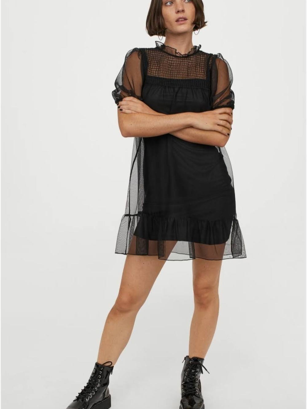 Divided Black Sheer Mesh Ruffle Mini Dress with Puff Sleeves